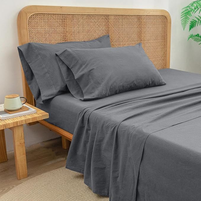 BESTOUCH Flat Sheet Only 100% Washed Cotton Linen Feel Wrinkle-Free, - Image 4