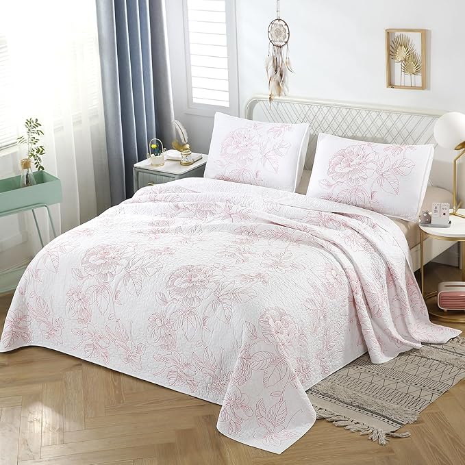 ROOMLIFE Quilt Set King Size 3D Floral Embroidery Pattern 3-Piece Cotton by ROOMLIFE