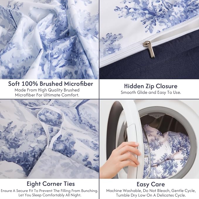 LONAVA Queen Botaincal 3 Pcs Duvet Cover Set, Breathable Soft Microfiber Navy - Image 7