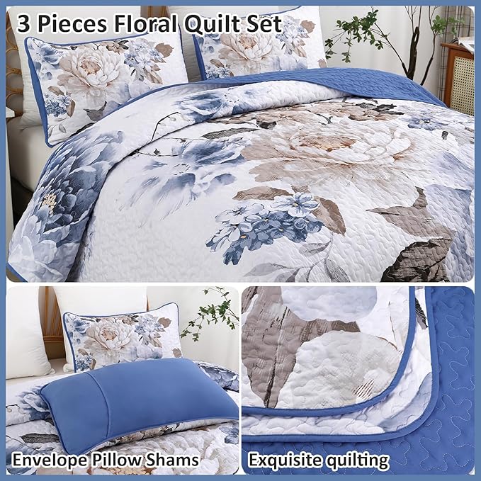WONGS BEDDING Floral Quilt Set Blue California King Size 3 Pieces Elegant - Image 5