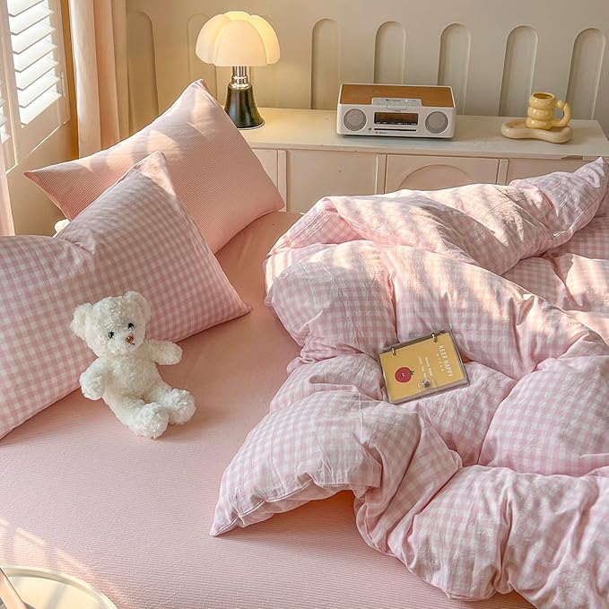 mixinni Light Pink Gingham Duvet Cover Set Queen Size - Image 6