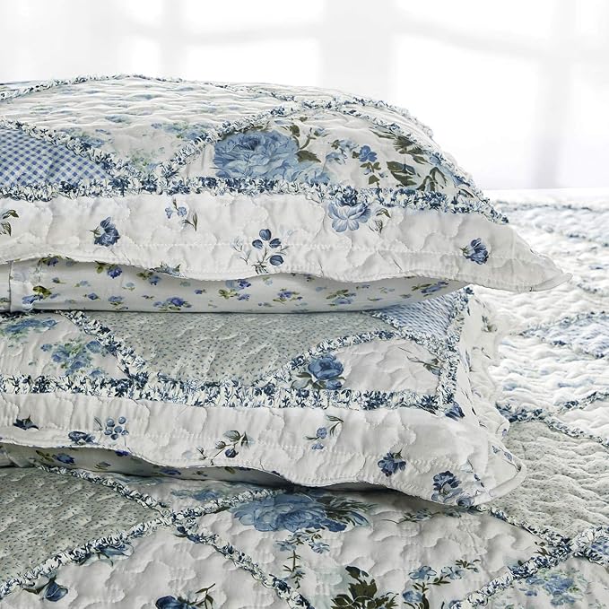 VIVILINEN Blue Floral Patchwork Quilt Set 132x120 Alaska King Size Bedding Set - Image 6
