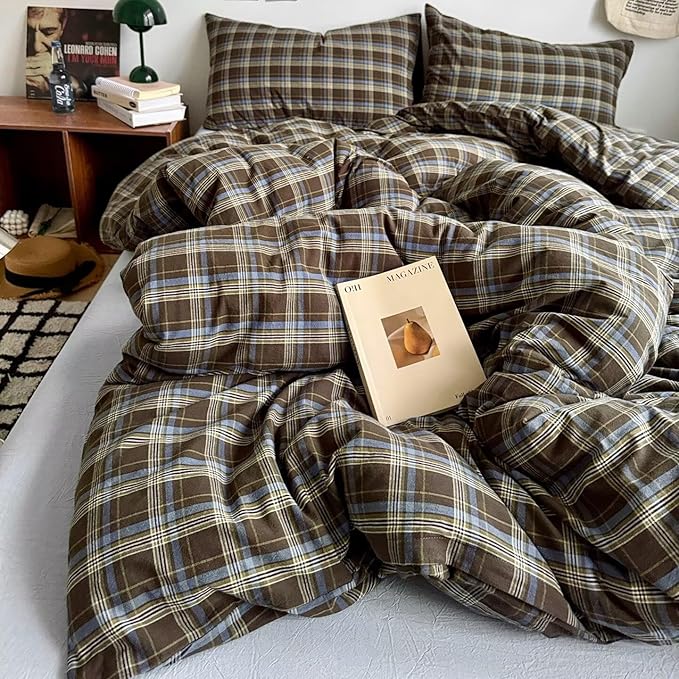 PinkMemory Brown Blue Gingham Buffalo Plaid Duvet Cover Queen 100% Washed - Image 6