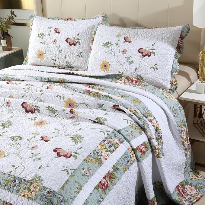 ROOMLIFE Quilt Set Full Size 3D Floral Embroidery Pattern 3-Piece Cotton - Image 3
