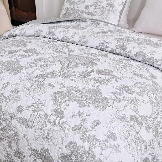 WONGS BEDDING Grey Quilt Set King Size, 3 Pieces Botanical Bedspreads Set - Image 6