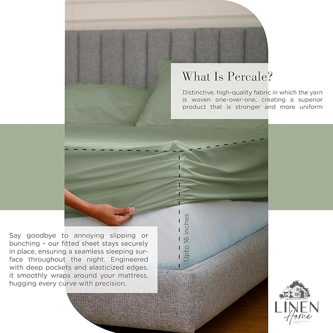 Linen Home 100% Cotton Percale Sheets Twin Size, Oil Green, Deep Pocket - Image 4
