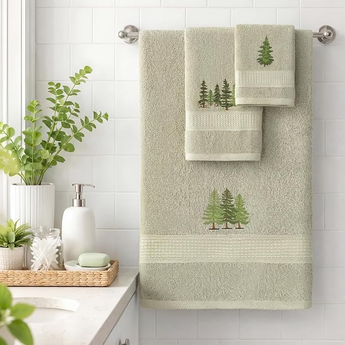 3 Pcs Rustic Pine Trees Bathroom Towel Set Farmhouse Embroidered Pine Trees - Image 5