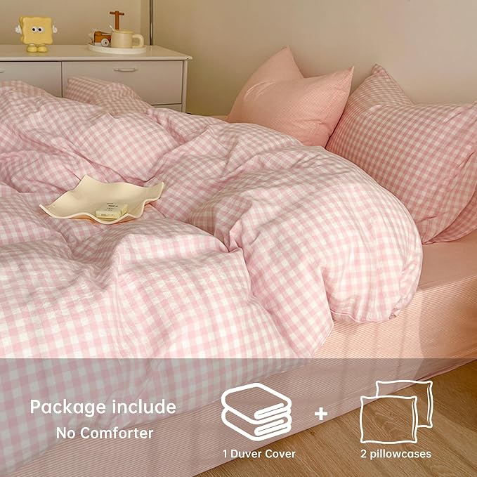 BOLINLIVING Gingham Duvet Cover Queen Size, Microfiber Bedding Set - Image 4