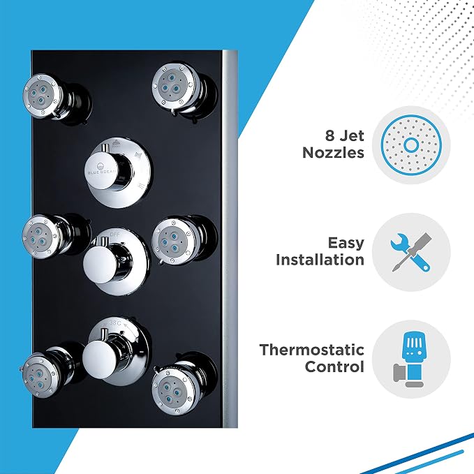 Blue Ocean 52” Aluminum SPA331B Tempered Glass Thermostatic Shower Panel Tower - Image 9