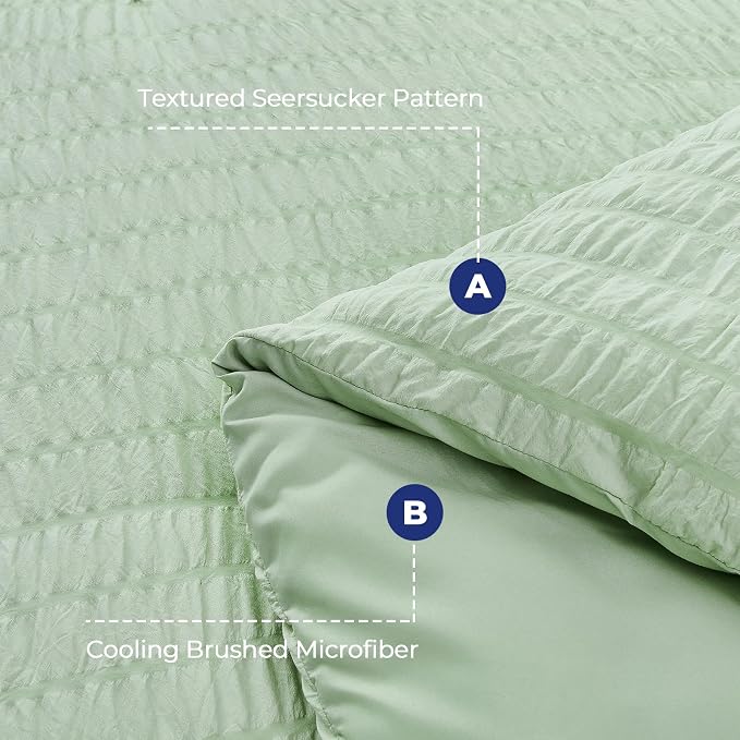 HYMOKEGE Light Green Duvet Cover Full Size, Ultra Soft 3-Piece Seersucker Duvet - Image 3