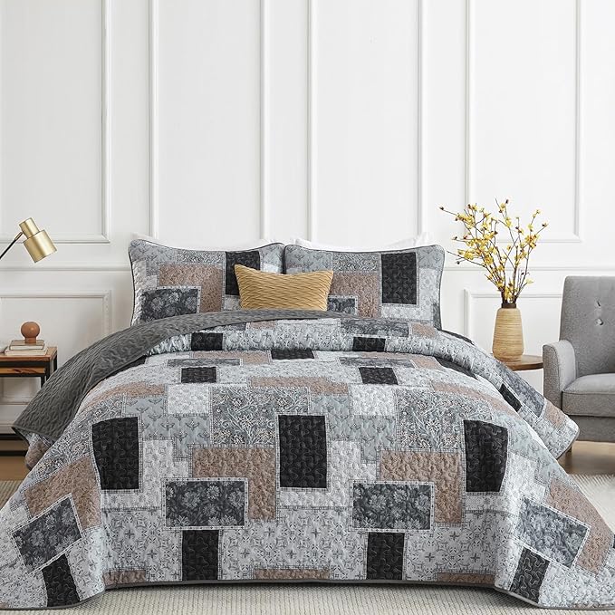 Xruibed Grey Quilt Set Queen Size 3 Pieces Plaid Floral Boho Bedspread Coverlet by Xruibed