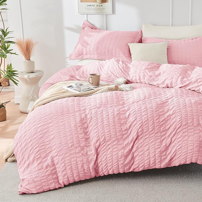 HYMOKEGE Pink/Ivory Full Size Comforter Sets Seersucker 7 Pieces, All Season - Image 2