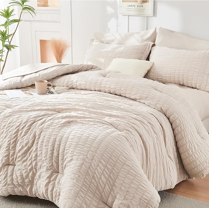 HYMOKEGE Beige Oversized King Comforter Set Seersucker 7 Pieces, All Season by HYMOKEGE