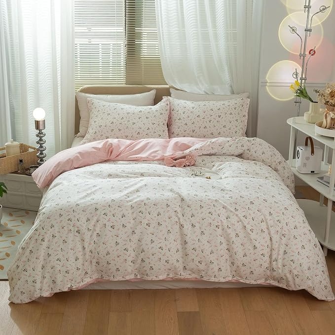 mixinni White Pink Floral Duvet Cover Queen Size Girls Garden Style 100% Cotton - Image 2