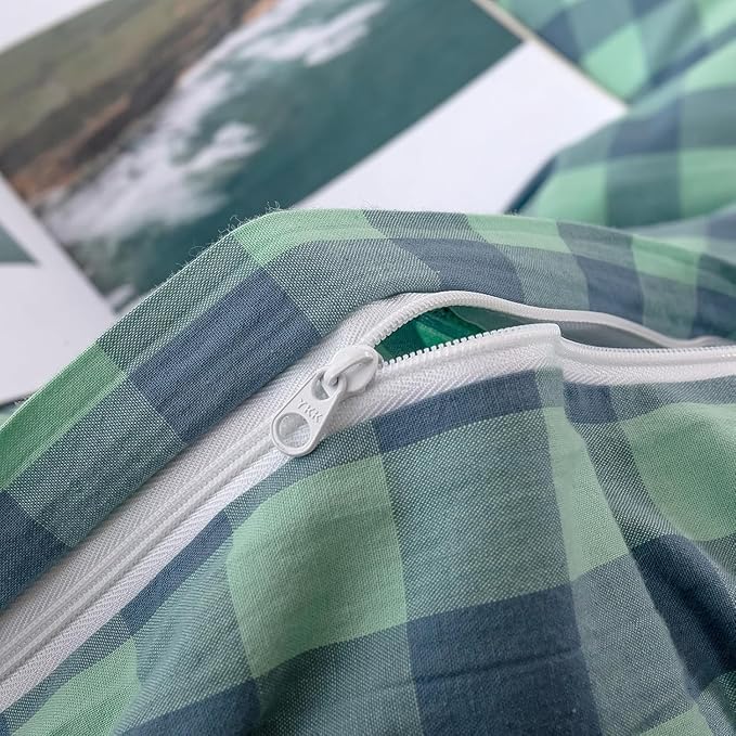 mixinni Green Gingham Grid Duvet Cover Twin, 100% Washed Cotton Modern - Image 7