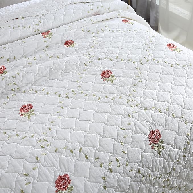 ROOMLIFE Quilt Set King Size 3D Floral Peony Embroidery Pattern 3-Piece Cotton - Image 3