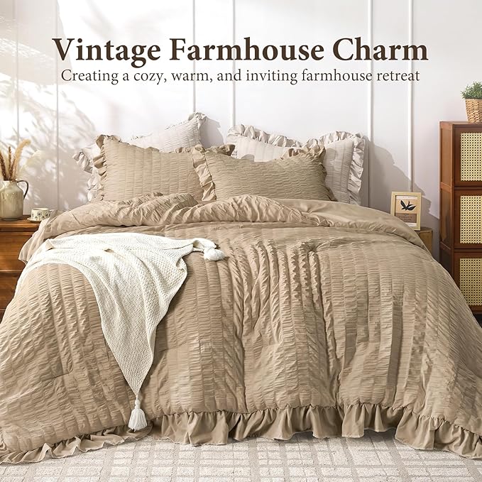 JOLLYVOGUE Queen Comforter Set, 3 Pieces Khaki Seersucker Comforters Queen Size - Image 2