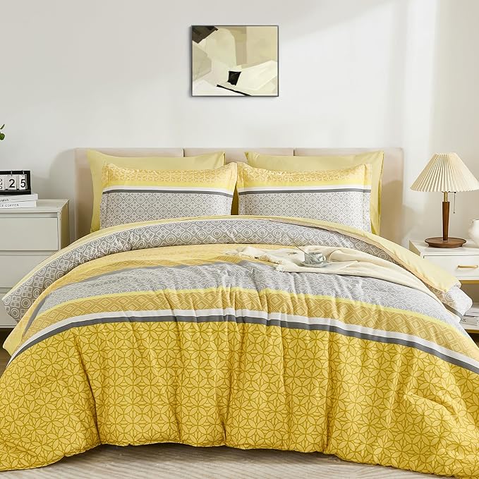 WONGS BEDDING Yellow Comforter Set Queen Size, 7 Pieces Striped Bed in a Bag - Image 9