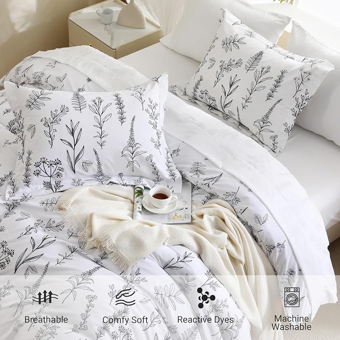 MUXHOMO Duvet Cover Queen Size, Reversible Floral White Duvet Cover Set - Image 5