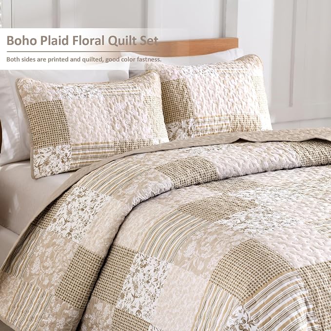 Mybedsoul Beige Boho Quilt Set King Size, 3 Pieces Plaid Floral Bedspread Set - Image 2