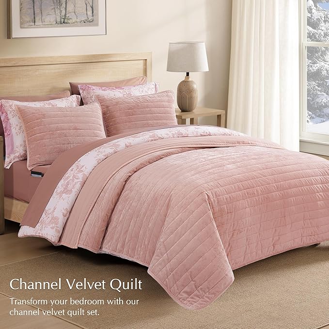 WRENSONGE Velvet Queen Quilt Set-3 Pieces Clay Pink Luxurious Velvet Striped - Image 2