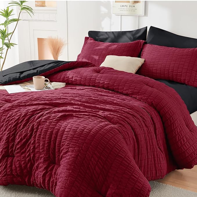 HYMOKEGE Red & Black California King Comforter Set Seersucker 7 Pieces by HYMOKEGE