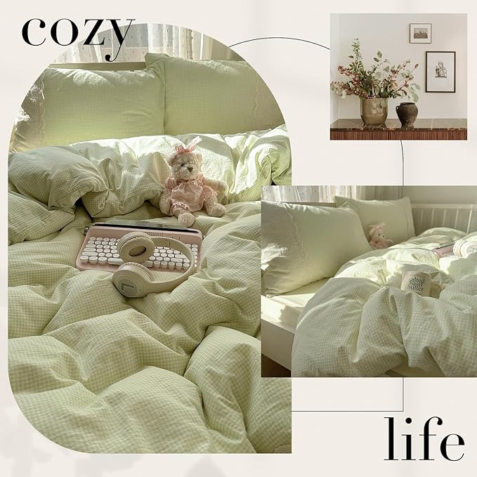 MKXI Mint Green Gingham Duvet Cover Set Queen - Image 7