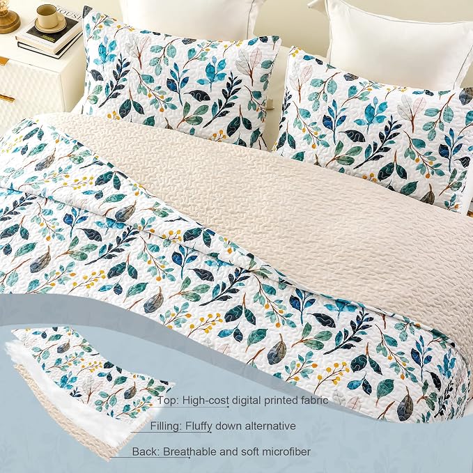 Whale Flotilla Reversible Printed Quilt King Size, Extra Soft Boho Floral Leaf - Image 4