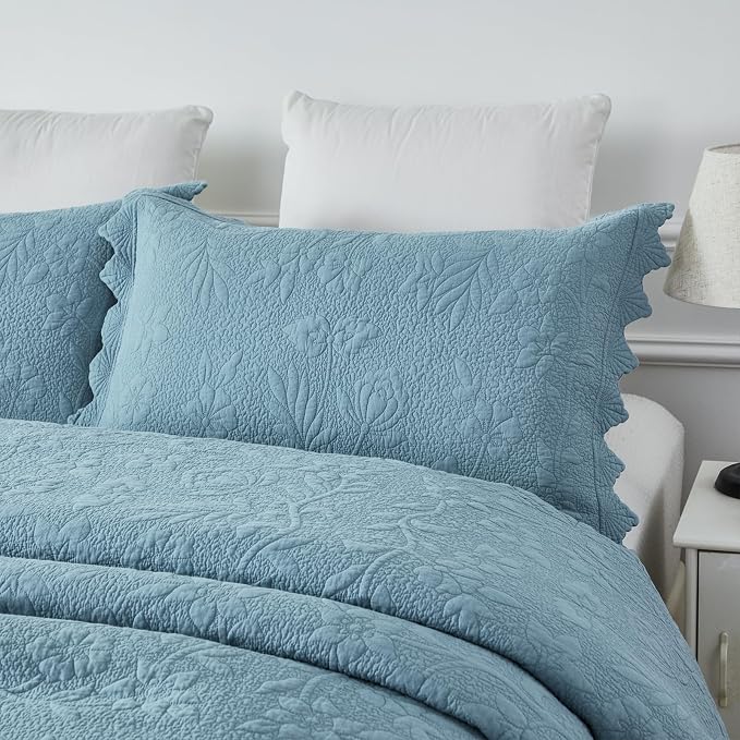 Brandream Luxury 100% Cotton Quilt Set King Size Blue Floral Vine Matelasse - Image 9