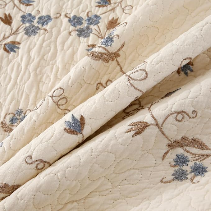 Quilt Set Blue Floral 3D Embroidery Pattern 2 PCS 100% Cotton Reversible - Image 9