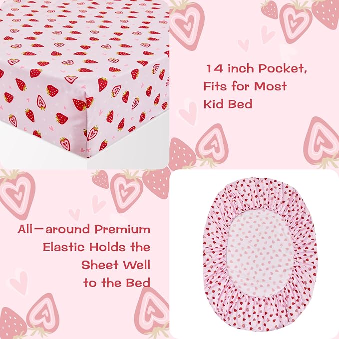 lasoftan Pink Strawberry Printed Kids Sheet Set Twin Size, Bed Sheets - Image 5