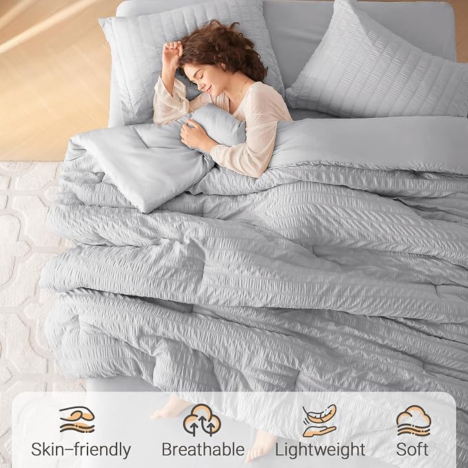 MUXHOMO 7 Pieces California King Comforter Set, Seersucker Bed in a Bag Cal - Image 2