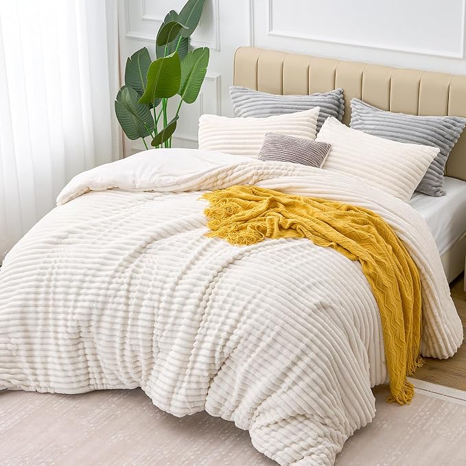 BEDELITE Fleece King Comforter Set -Super Soft & Warm Fluffy Cream White Bedding - Image 7