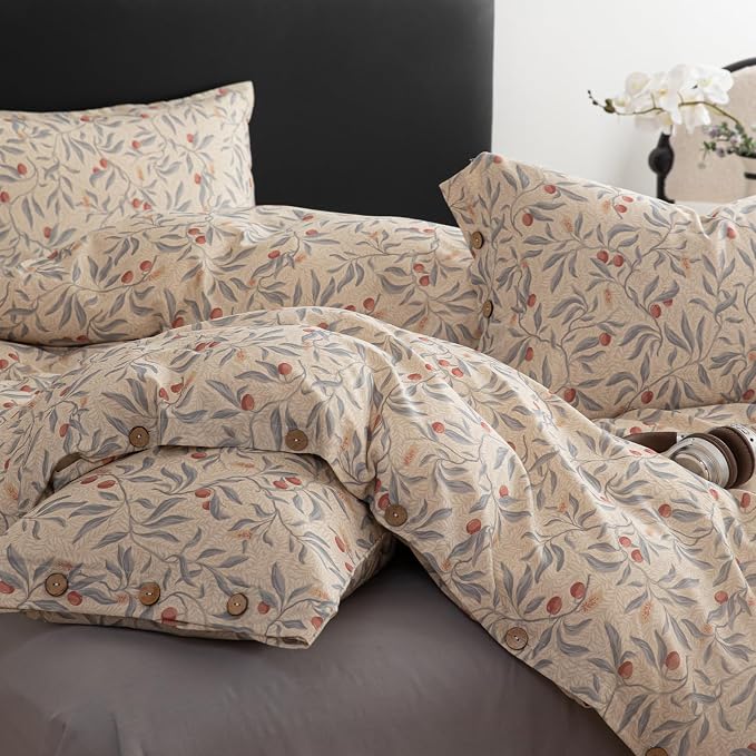 mixinni Cotton Linen Floral Duvet Cover Set, Vintage Botanical Print Comforter - Image 6