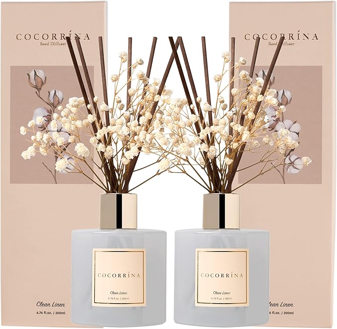 Cocorrína Reed Diffuser Set, 6.7 fl.oz Clean Linen 2 Packs Scented Diffuser by COCORR%C3%8DNA