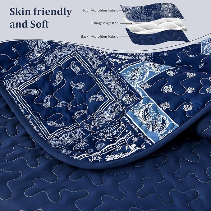 Cottolester Blue Patchwork Quilt Set Queen Size, Boho Navy Blue Quilt Set - Image 5