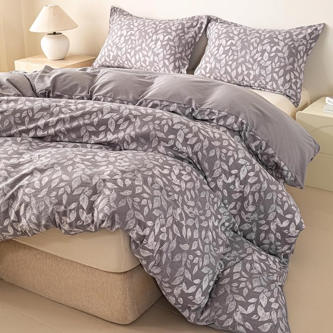 OAITE Grey Fallen Leaves King Size Duvet Cover-3 Pieces Prewashed Cotton-Like - Image 2