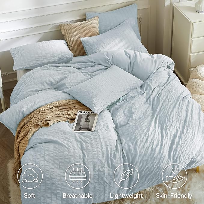 JELLYMONI Baby Blue Duvet Cover Full Size, Soft Breathable Seersucker Duvet - Image 2