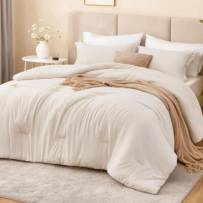 Love's cabin Beige Full Comforter Set, 3-Piece Prewashed Bed Set by Lovescabin