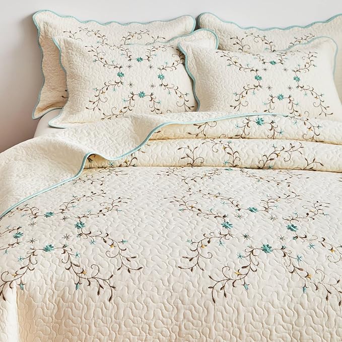 ROOMLIFE Quilt Set King Size 3D Floral Embroidery Pattern 3-Piece Cotton - Image 2