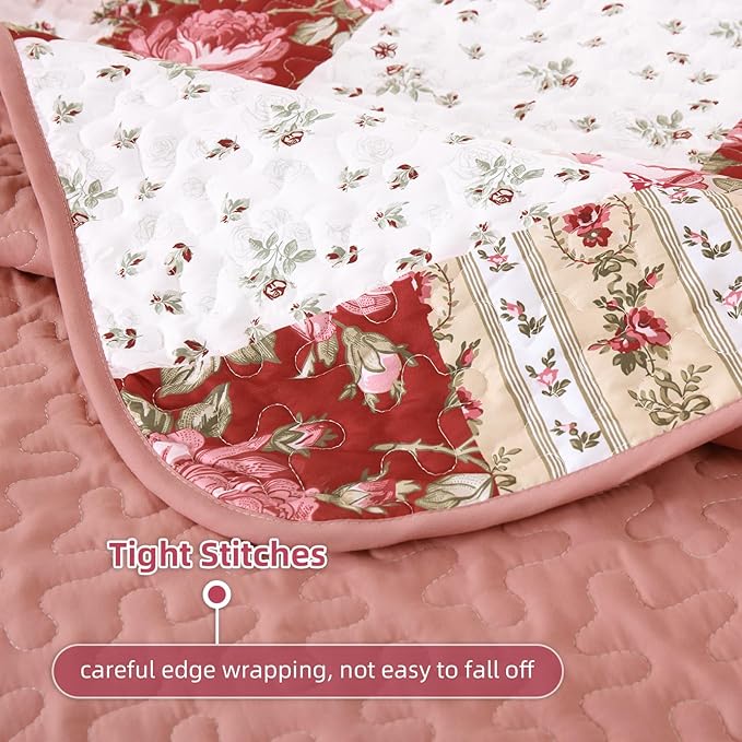 Anibedding 3Pieces Patchwork Quilts King Size, Bohemian Red Flower Plaid - Image 6