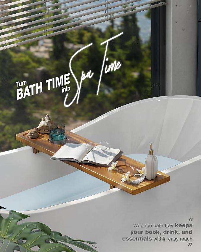 Bathtub Tray, Acacia Bath Tray for Tub, 34.6''x9'' Wooden Bathtub Caddy Tray - Image 6