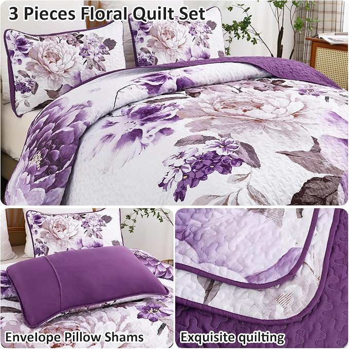 WONGS BEDDING Floral Quilt Set Purple Full, Quilted Printed Lightweight - Image 4