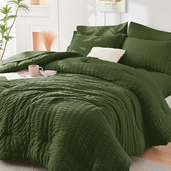 HYMOKEGE Olive Green California King Comforter Set Seersucker 7 Pieces by HYMOKEGE