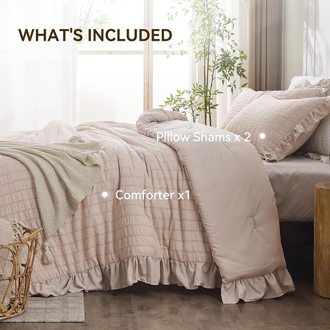 JOLLYVOGUE Beige Queen Comforter Set, 3 Pieces Seersucker Comforters Queen Size - Image 5