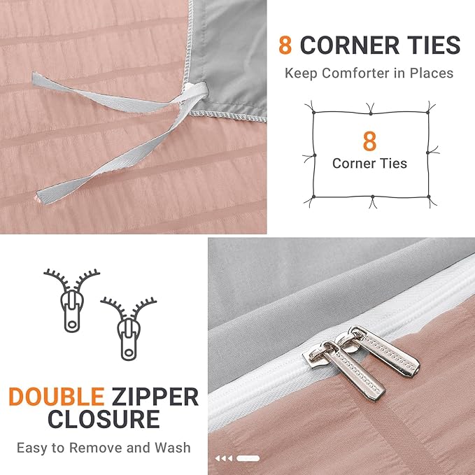 HYMOKEGE Rose Gold/Light Grey Duvet Cover Full Size, Ultra Soft 3-Piece - Image 4