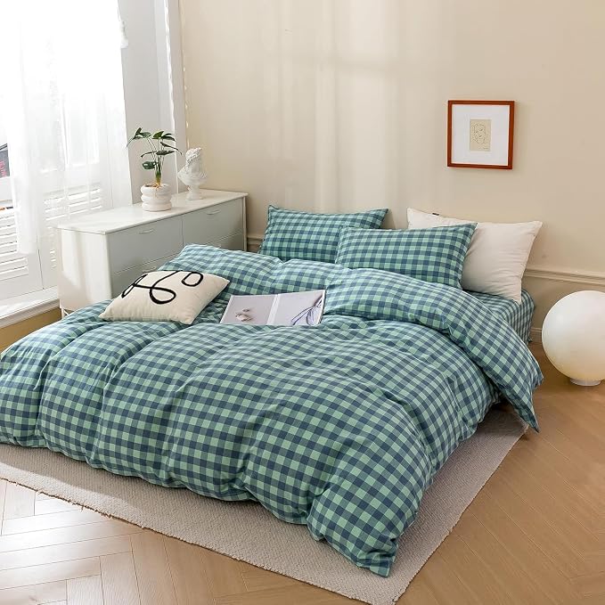 mixinni Green Gingham Grid Duvet Cover King, 100% Washed Cotton Modern - Image 5