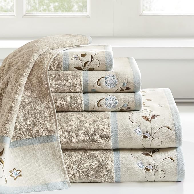 Madison Park Serene 100% Cotton Bath Towel Set Luxurious Floral Decorative - Image 2