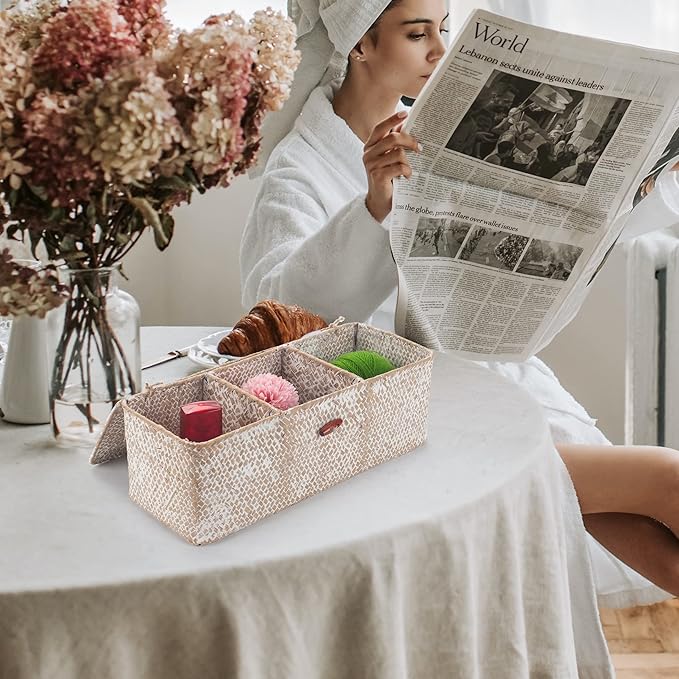 Seagrass Storage Basket with Lid Rectangular Small Woven Shelf Baskets with - Image 6