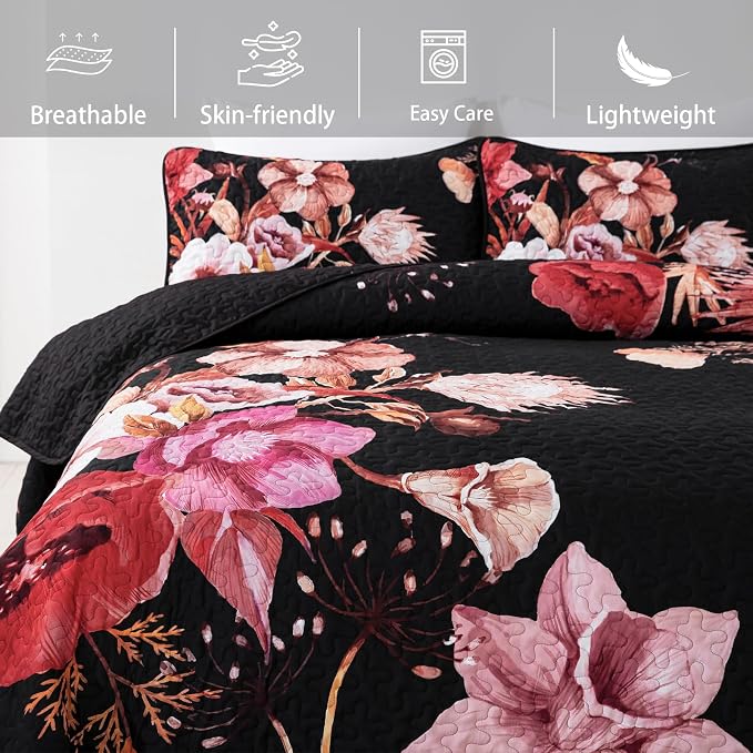 Floral Quilt Set Queen 3 Pieces Red Floral Quilt Coverlet Set Soft Microfiber - Image 3